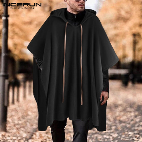 INCERUN Fashion Men Cloak Coats Hooded Solid Color Cape 2020 Streetwear Poncho V Neck Loose Coat Irregular Men Long Trench S-5XL